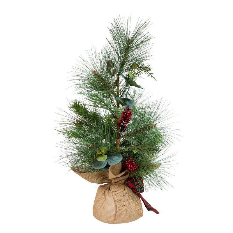 24" Green Potted Christmas Tree with Berries and Plaid Ribbon