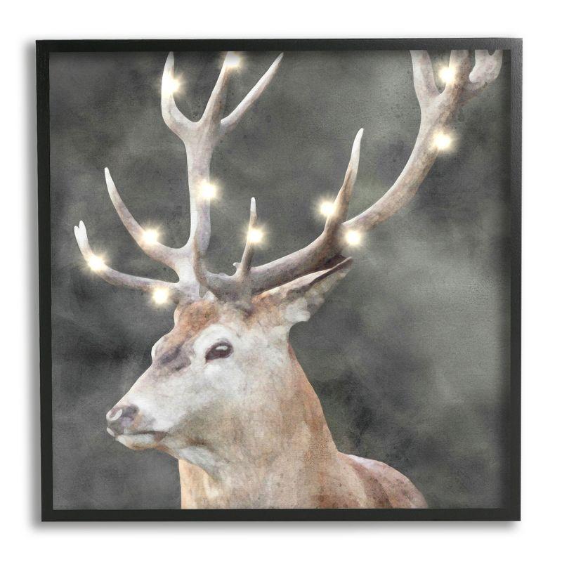 Holiday Lights on Antlers Black Framed Canvas Print