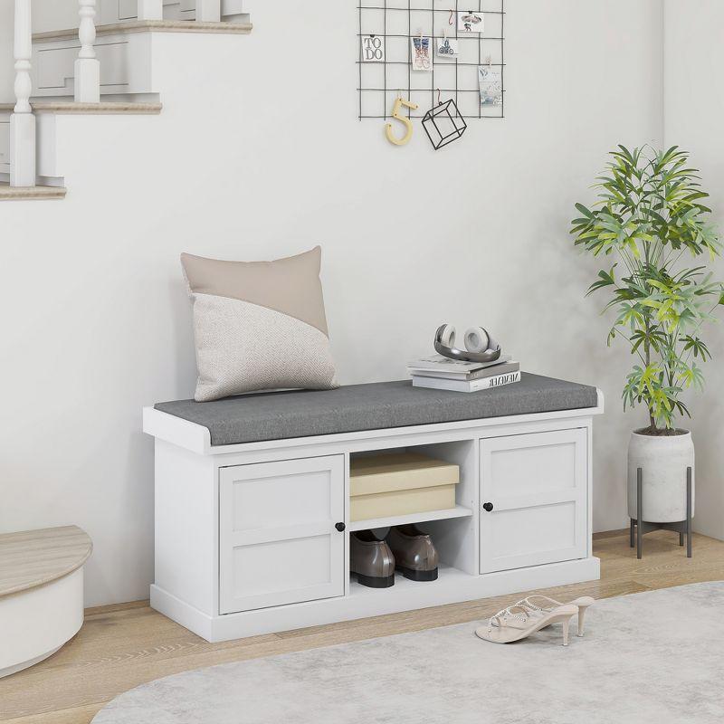 HOMCOM Shoe Bench with Cushion, Storage Bench for Entryway with Padded Seat, 2 Cabinets and Adjustable Shelf for Hallway, Living Room, Bedroom, White