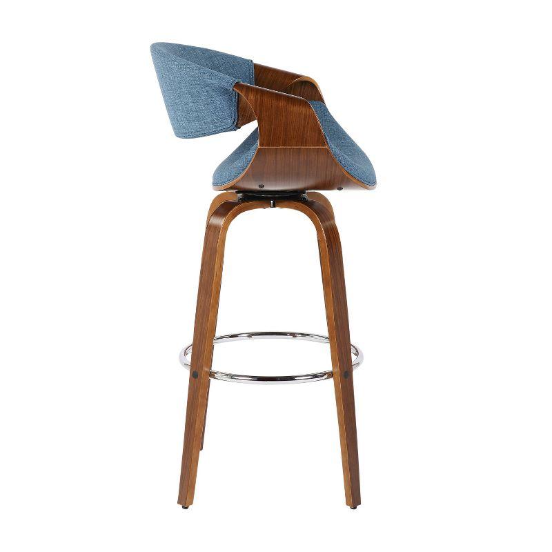 Mid-Century Blue Fabric Swivel Barstool with Walnut Wood Frame