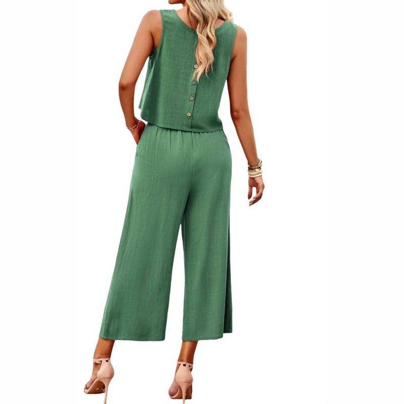 Green Sleeveless Cropped Top and Wide-Leg Pants Set