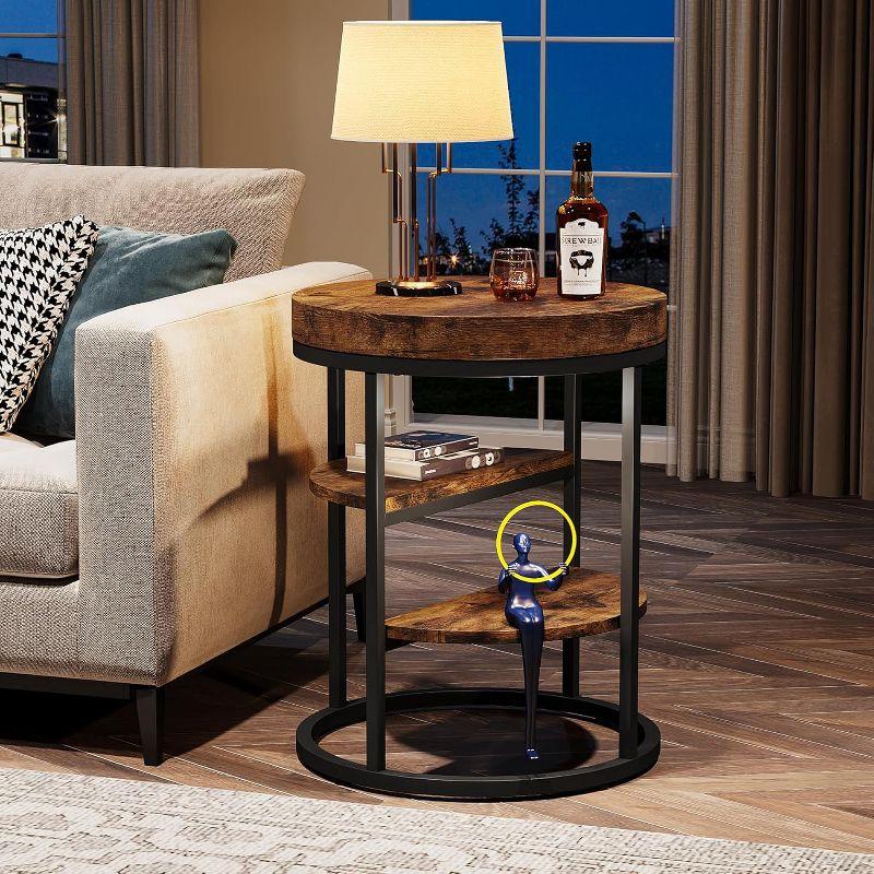 Hommoo Round End Table, Small Side Table with 3-Tier Shelves