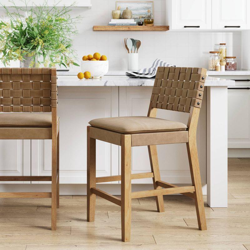 Faux Leather Woven Counter Height Barstool Warm Pine/Brushed Light Brown - Nathan James: Upholstered Seat, Rubberwood Legs