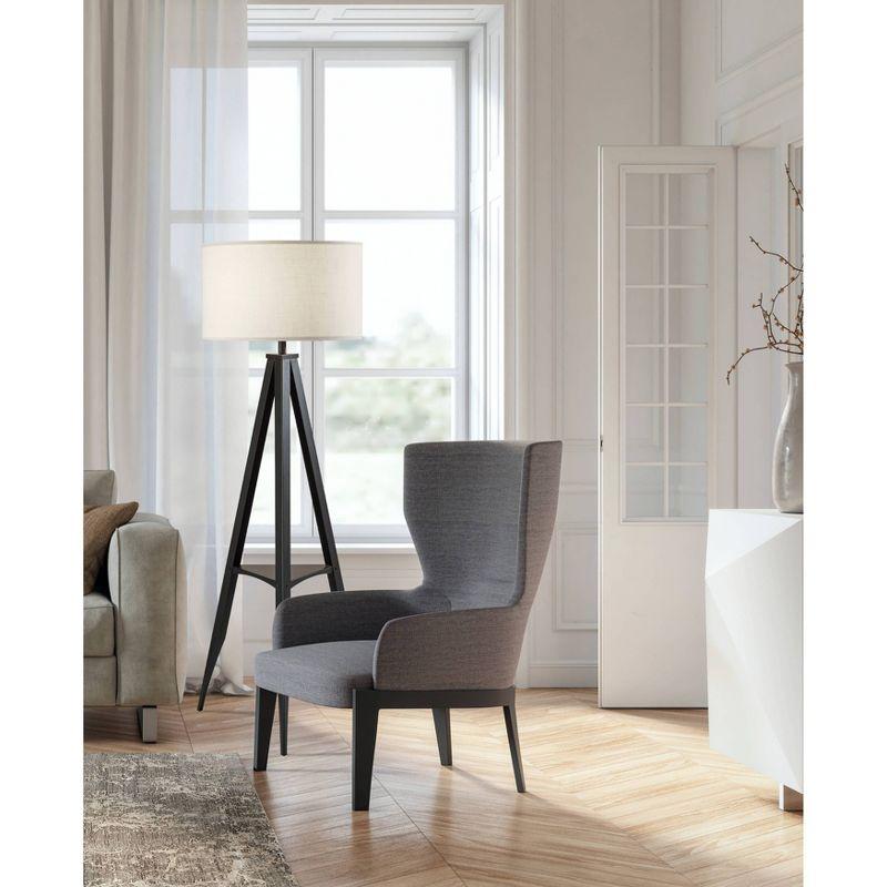 Black Metal Tripod Floor Lamp with Off-White Shade and Shelf