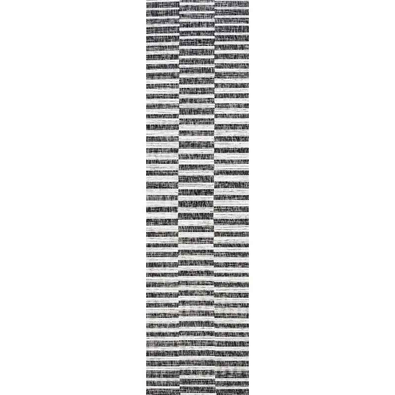 2'x8' Sukie Modern Offset Stripe Indoor/Outdoor Runner Rug, Black/Ivory - JONATHAN Y