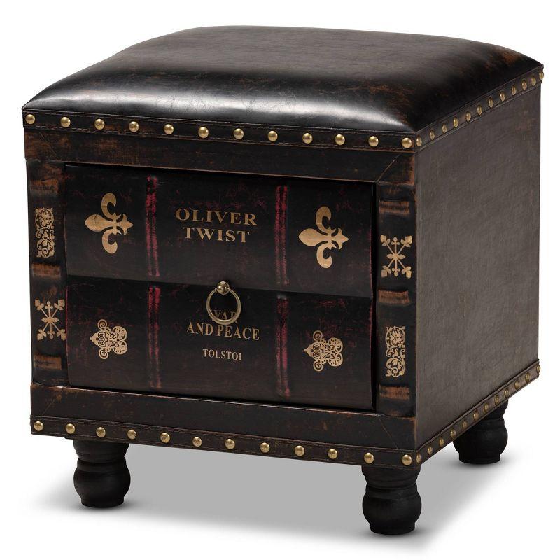 Charlier Rustic Dark Brown Faux Leather Storage Ottoman with Book Spine Drawer