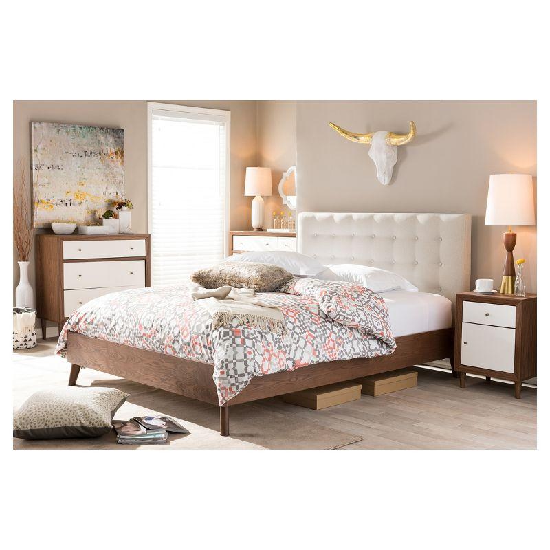 Alinia Light Beige Fabric Upholstered Walnut Wood Queen Platform Bed