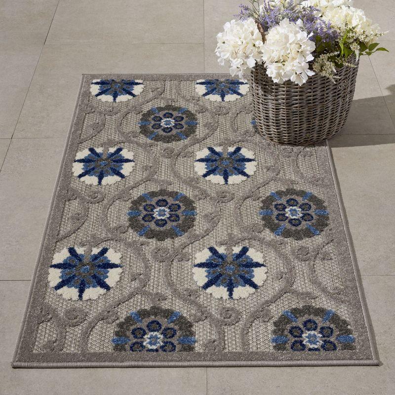 Nourison Aloha Contemporary Floral Flatweave High-Low Indoor Outdoor Area Rug Grey/Blue 2'8" x 4'