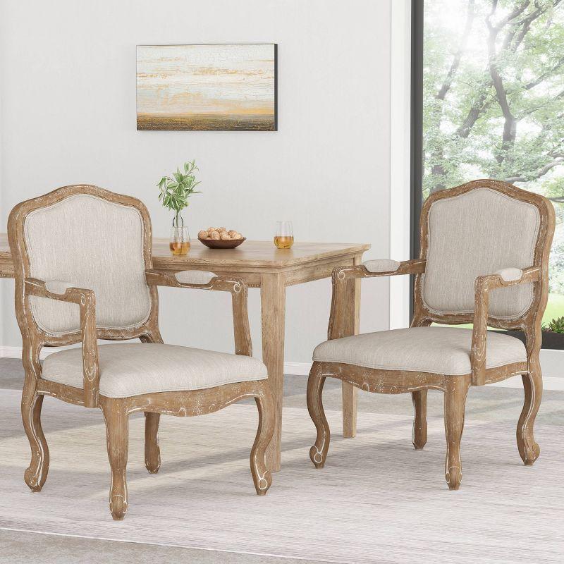 Set of 2 Beige Upholstered Rubberwood Dining Armchairs