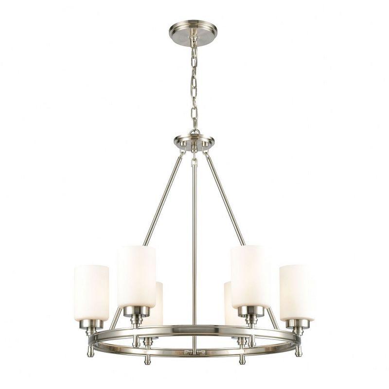 Modern Satin Nickel 6-Light Chandelier with Opal White Glass