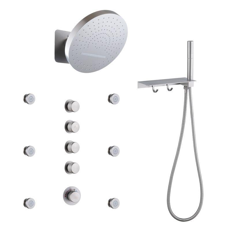 Rainfall Thermostatic Shower System with Body Jets, 2-Sprays Shower Head and a Shelf