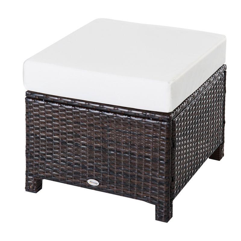 Outsunny 20" Outdoor Ottoman, PE Plastic Rattan Wicker, Fade-Resistant Patio Footrest with Soft Cushion, Steel Frame, Dark Brown, Cream White