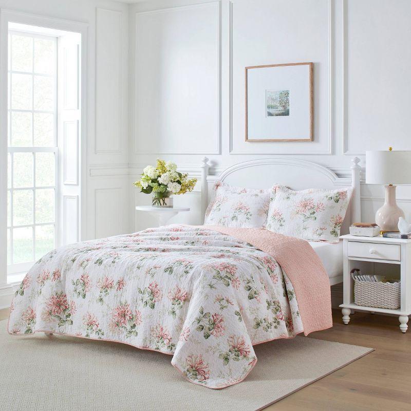 Laura Ashley Honeysuckle Cotton Reversible Pink Quilt Set