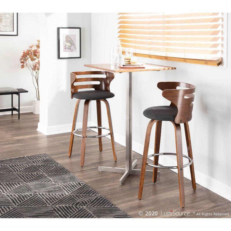 Mid-Century Modern Charcoal Upholstered Swivel Barstool with Walnut Wood