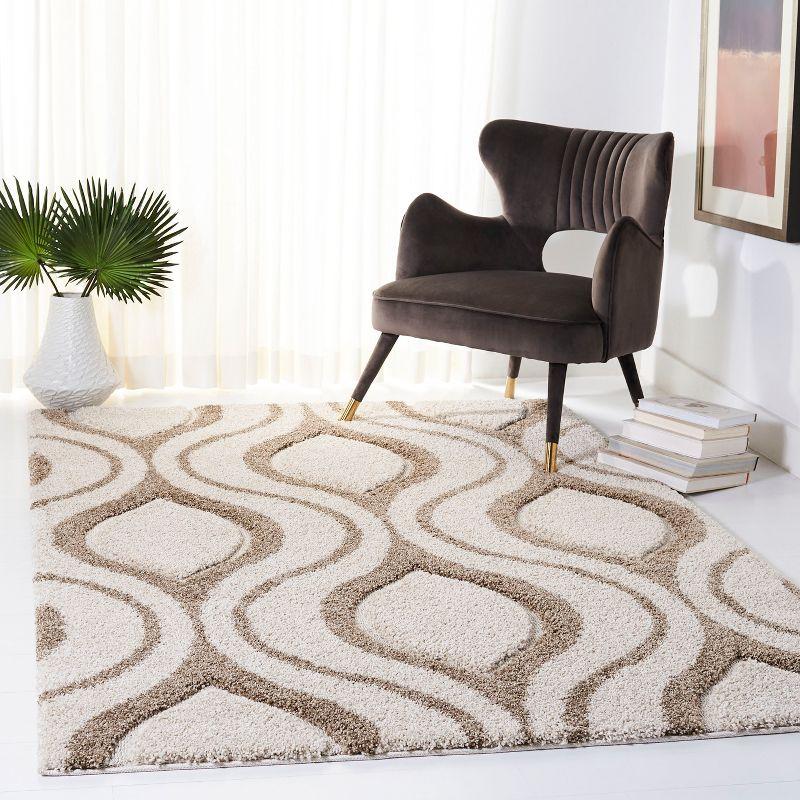 Ivory and Beige Geometric Hand-Knotted Shag Rug