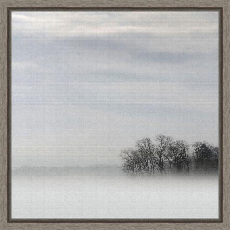 Lake of Fog and Trees Black and White Framed Canvas Print 16 x 16 inches