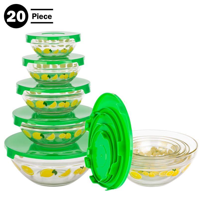 20-Piece Glass Bowls with Lids Set - Lemon Design Mixing Bowls Set with Multiple Sizes