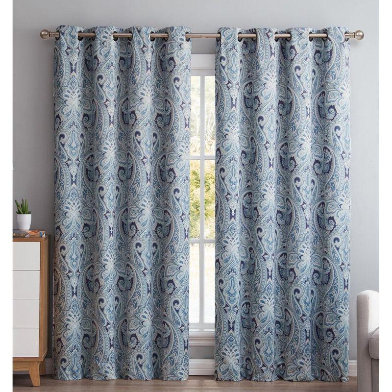 HLC.ME Paris Paisley Decorative Print Damask Pattern Light Reducing Grommet Window Curtain Panels for Bedroom, Set of 2 - Blue, 50 W x 72 L