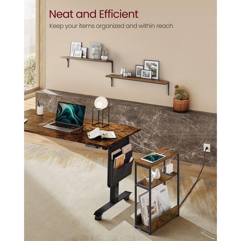 VASAGLE Side Table with Charging Station, Narrow End Table, 3-Tier Nightstand, Sofa Table for Small Spaces, Magazine Rack Rustic Brown and Ink Black