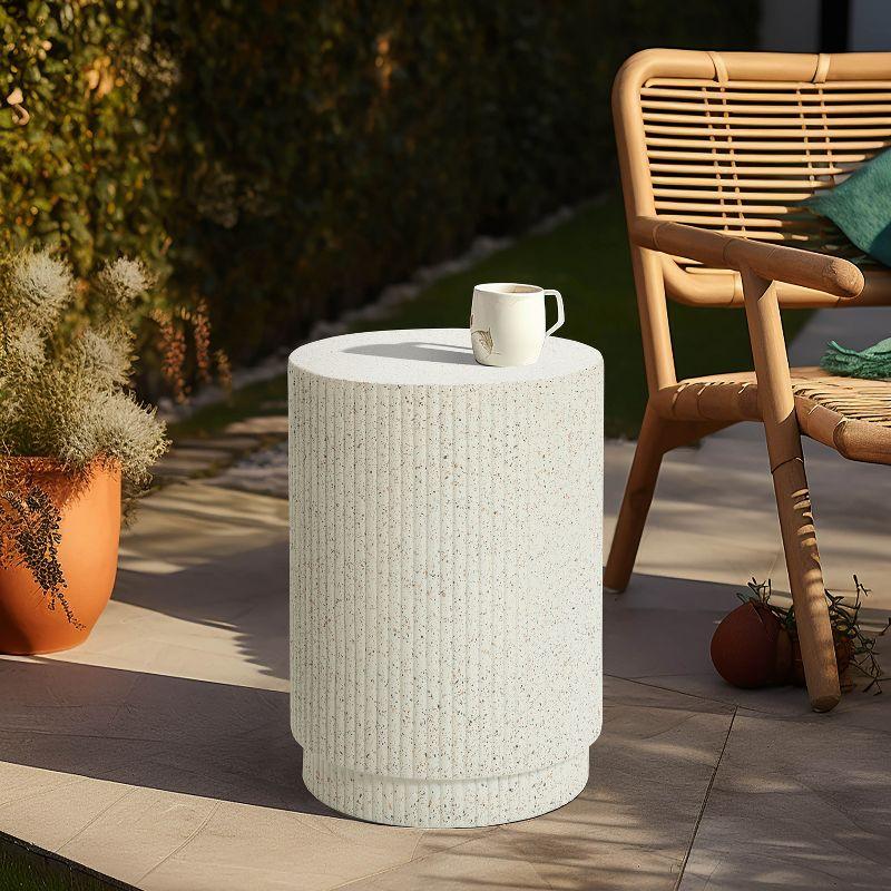 LuxenHome Outdoor Side Table, 17" Ivory White Cement Round Patio End Table,Outdoor Coffee Table for Garden Poolside,Accent Side Table