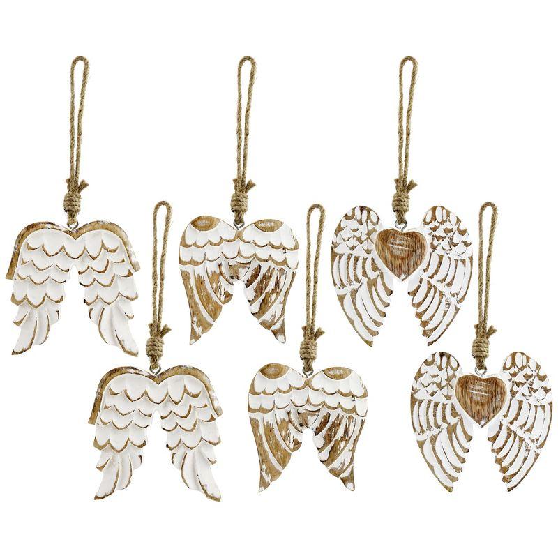 Whitewashed Mango Wood Angel Wing Ornaments Set of 6