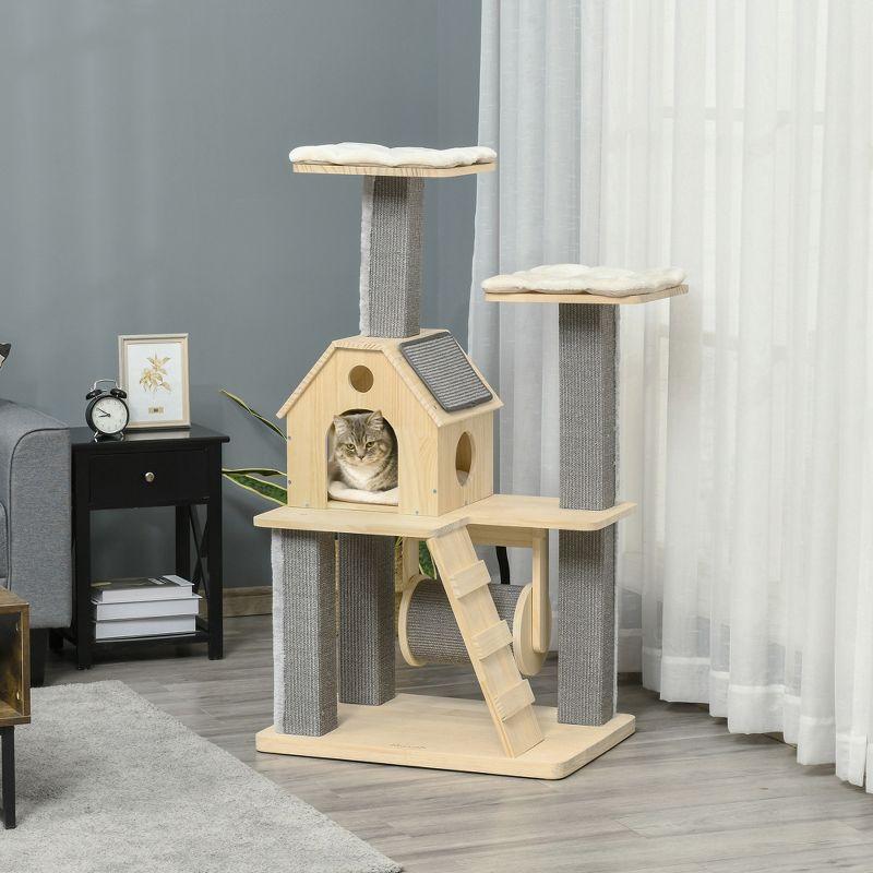 Natural Wooden Cat Tree with Sisal Scratching Posts and Cushions