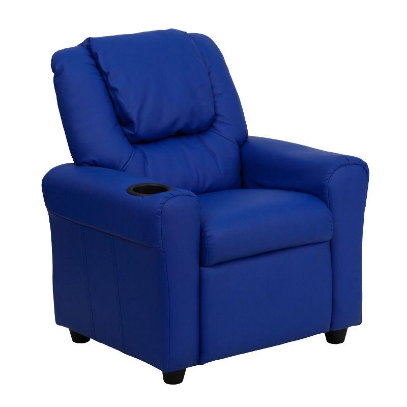 Blue Vinyl Kids Recliner with Wood Frame and Cup Holder