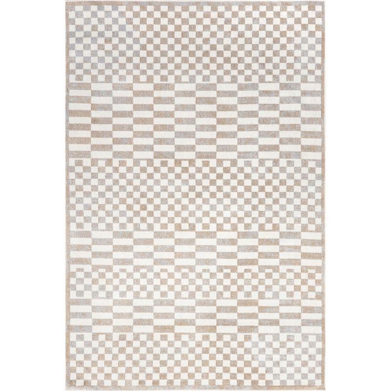 Beige and White Checkered Washable Synthetic Area Rug