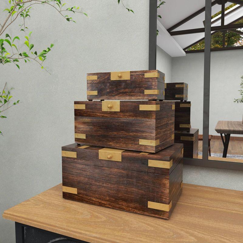 Olivia & May Set of 3 Traditional Brass Inlaid Wooden Boxes: Mango Wood Craftsmanship, Rectangular with Spot Clean Care