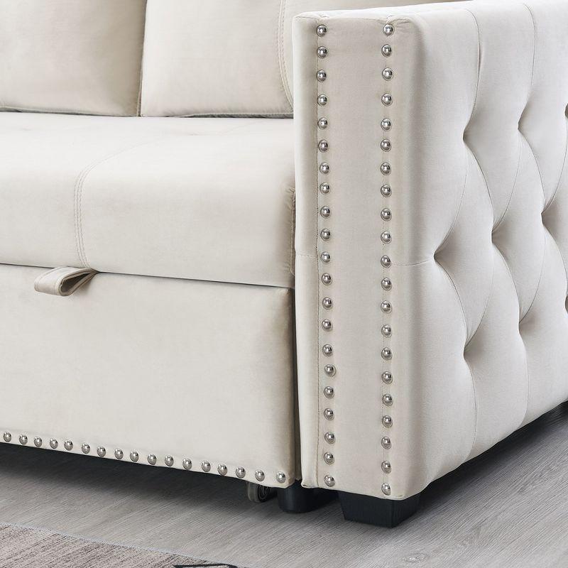 Velvet Sleeper Sofa Sectional Couch with Put Out Bed and Reversible Storage Chaise Beige - Morden Fort