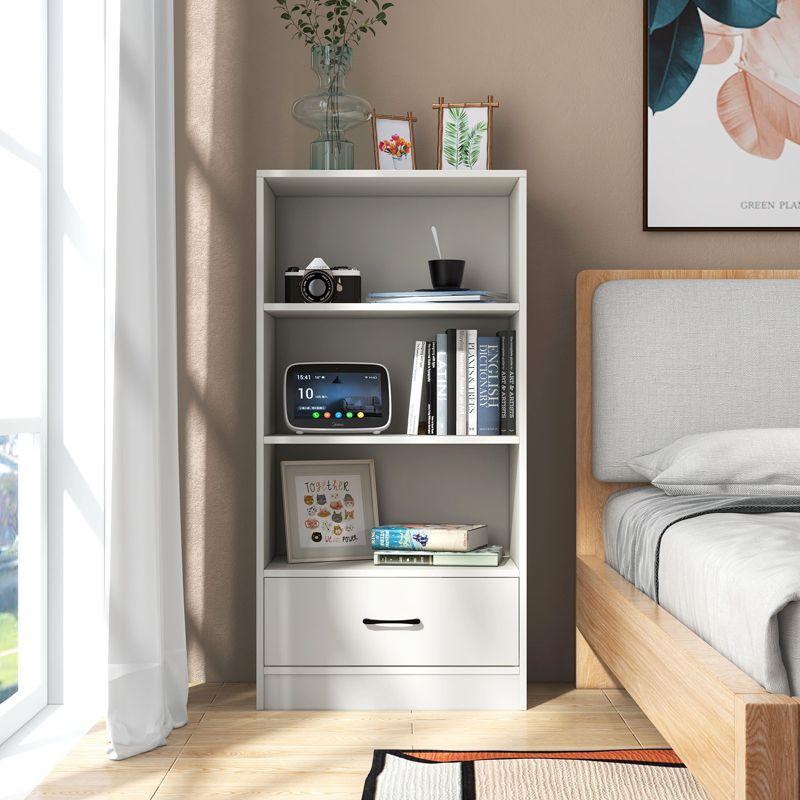 White 48" Modern Wood Bookcase with Drawer and Shelves