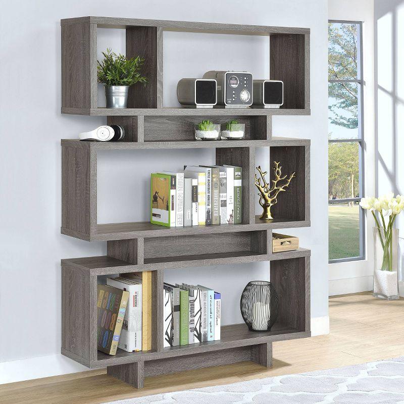 Transitional Weathered Gray Wood Bookcase with Artful Cubes