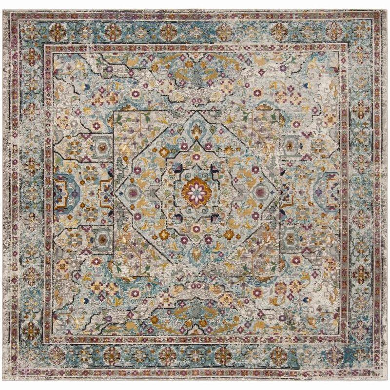 Aria Cream and Blue Square Wool Area Rug