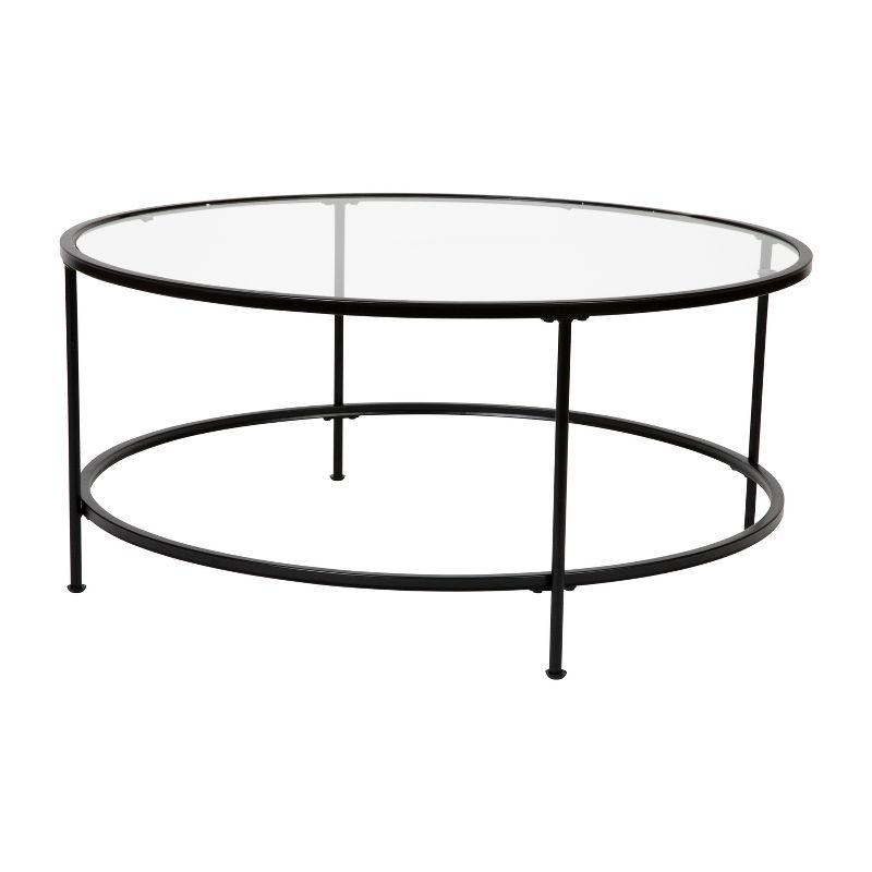 Merrick Lane Newbury Glass Coffee Table with Round Matte Gold Frame and Vertical Legs