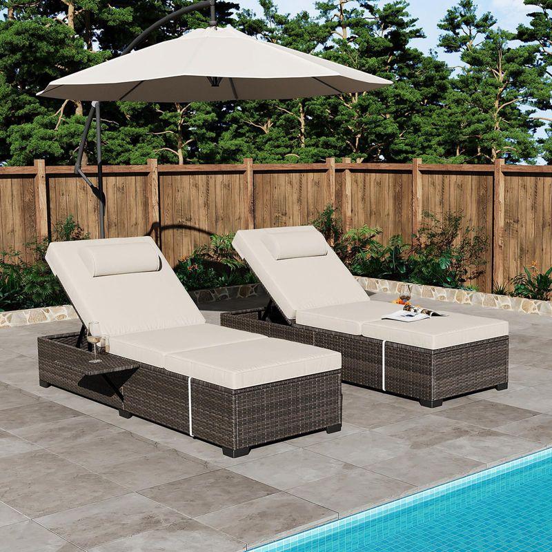 Lounge Chairs Outdoor Set of 2, PE Rattan Chaise Lounge Chair with 5-Position Adjustable Backrest for Patio Beach Pool Deck Backyard, Beige