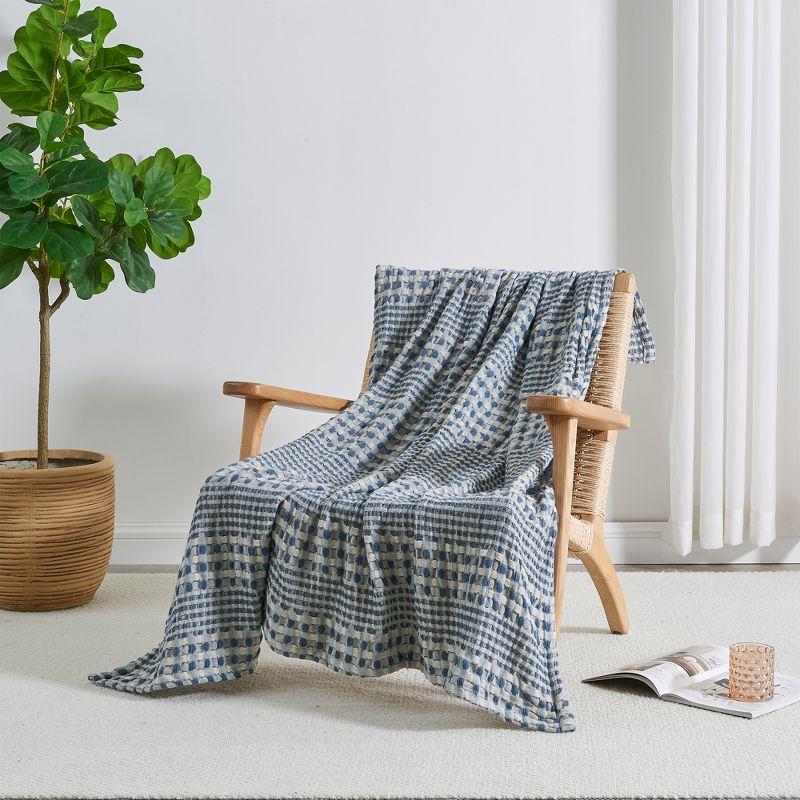 Blue Cotton Waffle Weave Knitted Throw Blanket