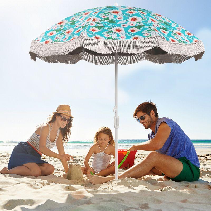 Tangkula 6.5 FT Beach Umbrella w/ Fringe Tassel Umbrella w/ Push Button Tilt Sand Anchor Green