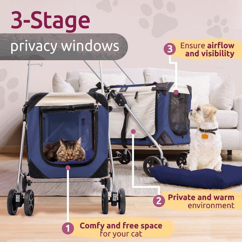 PetLuv Cat & Dog Stroller Foldable w/ Detachable Soft Pet Travel Carrier Fits 2 Cats or Medium Dog & Removable Plush Pillow Privacy Windows