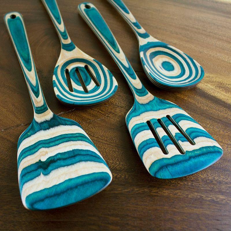 Baltique 4pc Mykonos Utensil Set: Wood Kitchen Tools, Hand Wash, Adult Cooking Utensils, Turquoise Blue