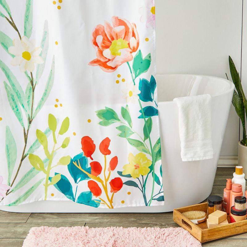 Watercolor Floral Fabric Shower Curtain Set with Hooks