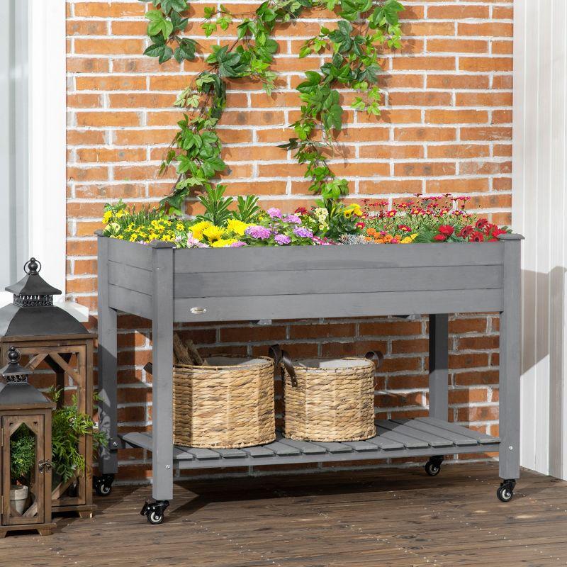 Outsunny 46.5" x 21.75" Raised Garden Bed, Elevated Wooden Planter Box w/ Lockable Wheels, Storage Shelf and Bed Liner for Backyard, Patio, Dark Gray