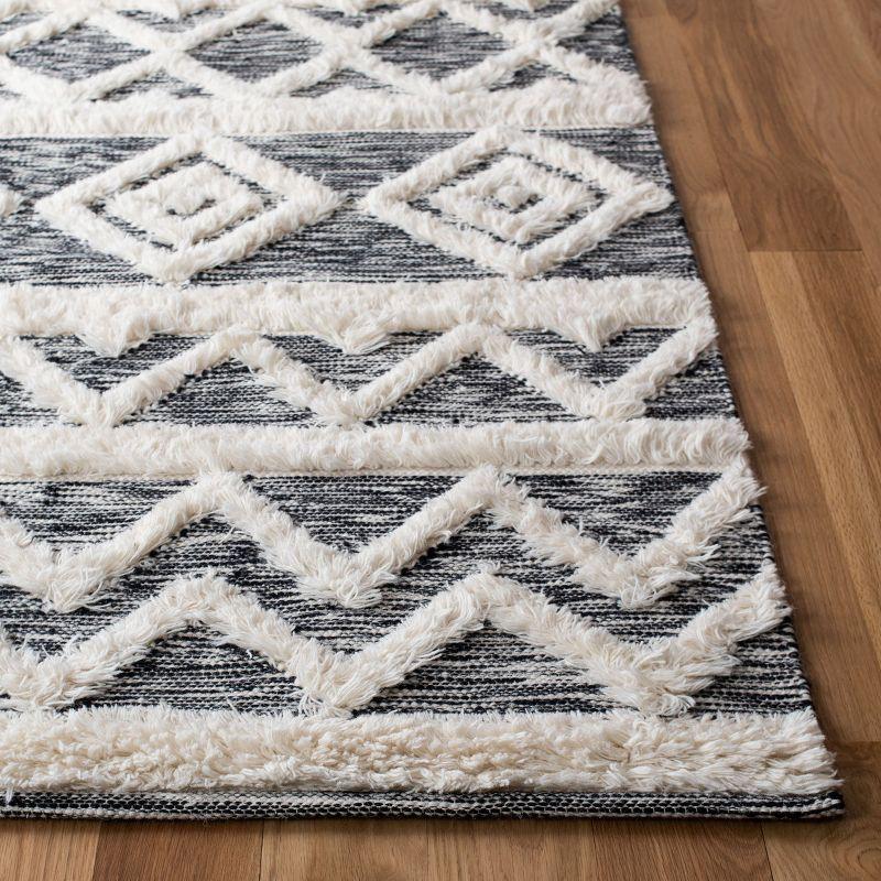 Bohemian Black and Ivory Hand-Knotted Wool Area Rug 6' x 9'