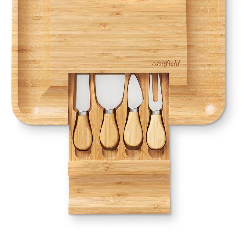 Casafield Bamboo Cheese Cutting Board & 4pc Knife Gift Set - Wooden Charcuterie Serving Tray for Cheese, Meat, Fruit & Crackers