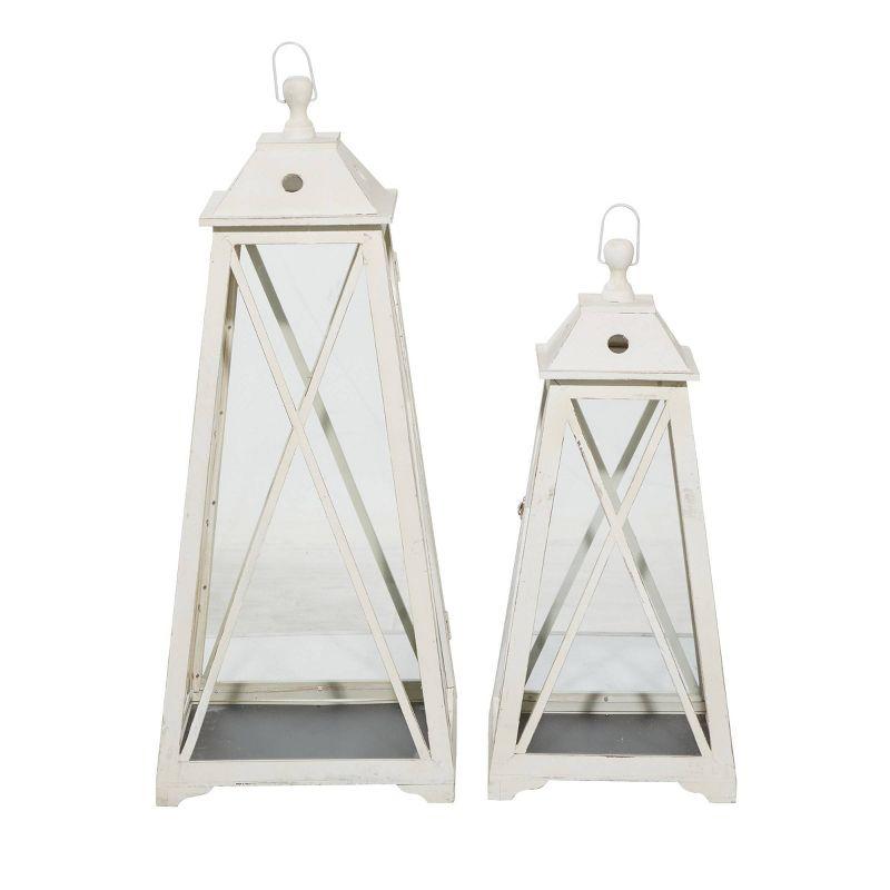 Olivia & May Set of 2 Triangular Wood and Glass Lanterns White: Iron Frame, Fits Any Candle Size