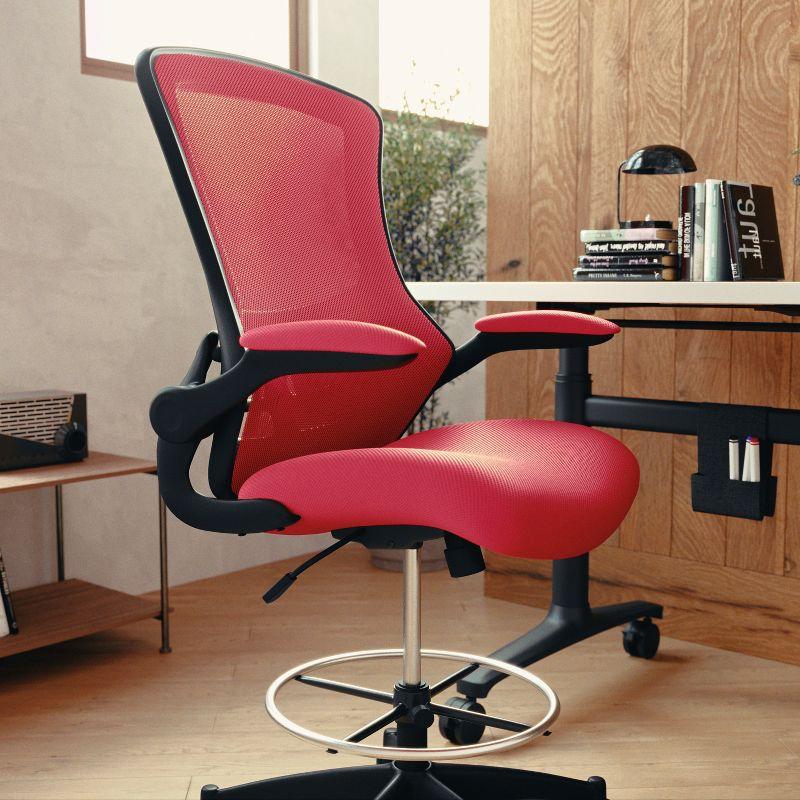 Flash Furniture Kelista Mid-Back Red Mesh Ergonomic Drafting Chair with Adjustable Foot Ring and Flip-Up Arms