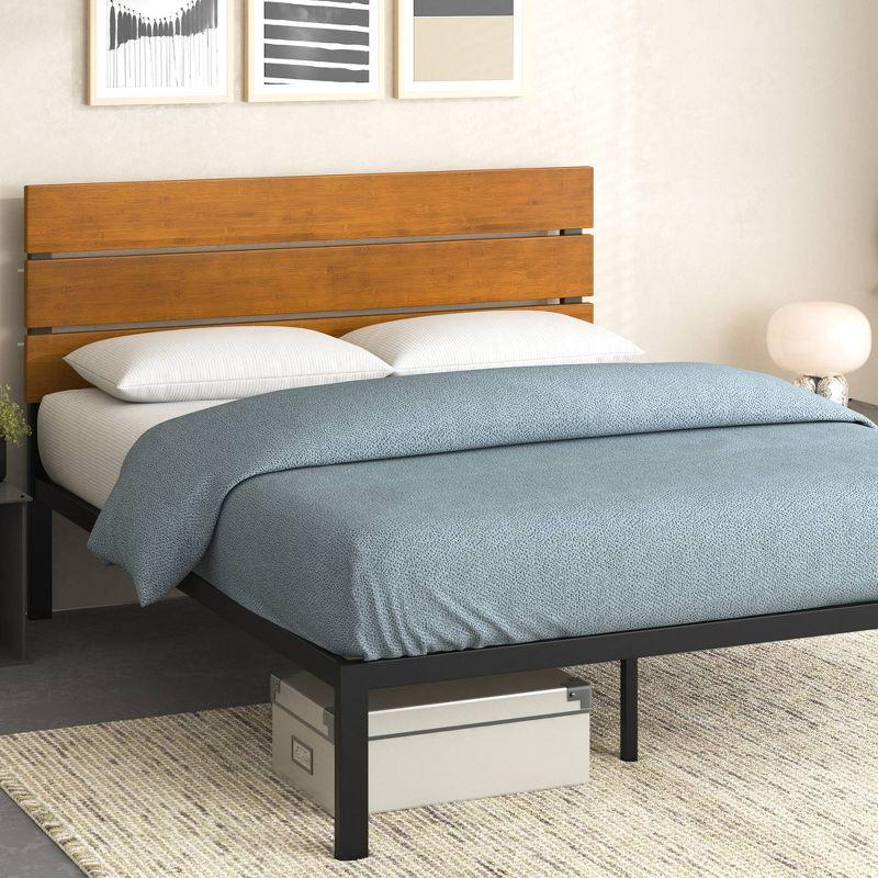 Queen Black Metal and Bamboo Platform Bed Frame with Slats