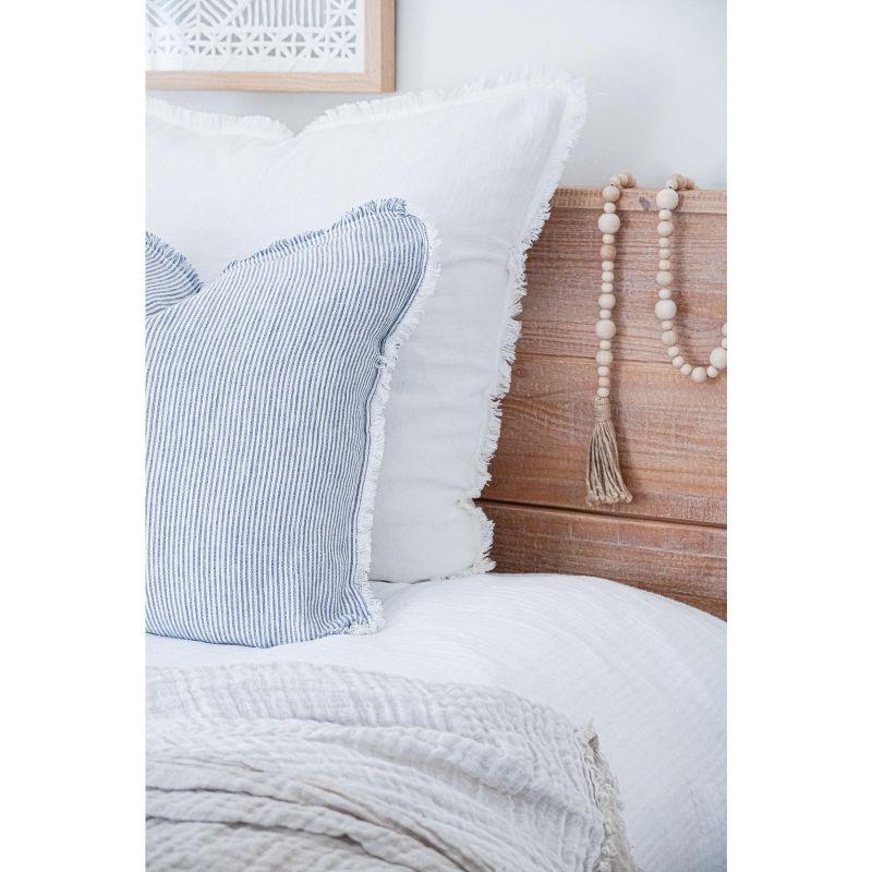 Blue Pinstripe Fringe Linen Pillow 26x26 Down Alternative Insert