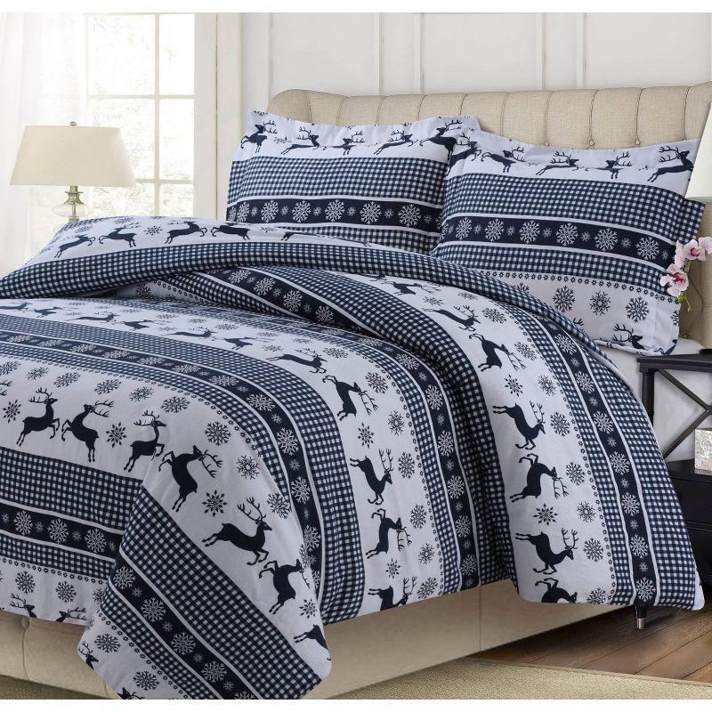 Queen 3pc Gingham Deer Heavyweight Printed Cotton Flannel Oversized Duvet Set Navy - Tribeca Living