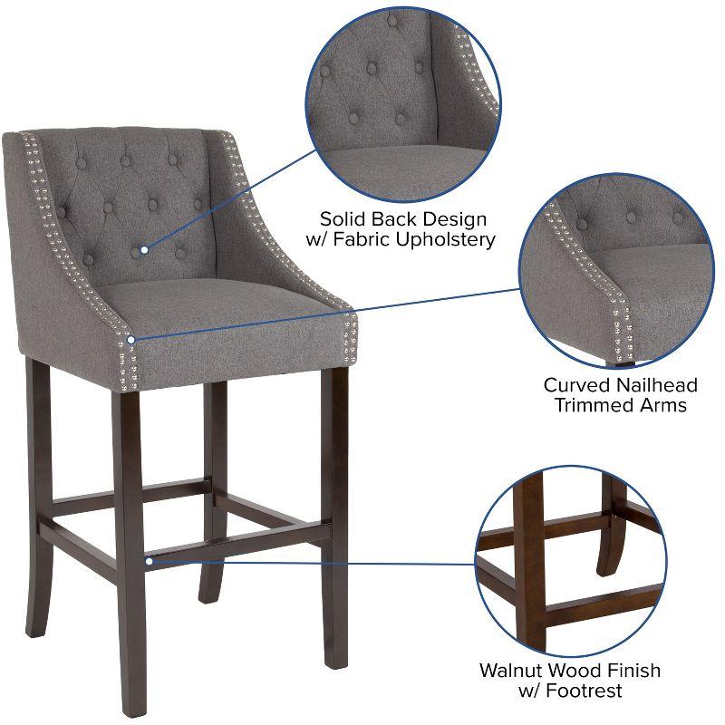 Merrick Lane Upholstered Barstool 30" High Transitional Tufted Walnut Barstool with Accent Nail Trim in Dark Gray Fabric