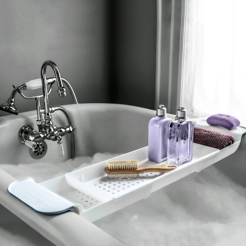 Expandable White and Blue Plastic Bathtub Tray